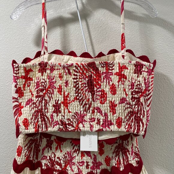 CAROLYN CONSTAS (NWT) 2 Piece Linen Blend Skirt/Crop Top Tropical, Ivory/Red - L - Picture 7 of 12